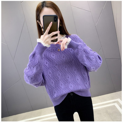 Áo len nữ dệt kim cổ tròn pha ren, Áo len nữ dài tay mặc mùa thu đông Haint Boutique 