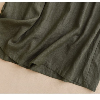 Đầm linen dáng suông cổ V cách điệu, có dây rút bo eo thời trang trẻ trung màu Xanh Rêu D218