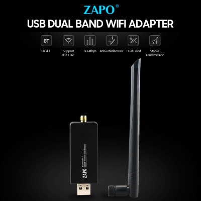 Bộ điều hợp WiFi ZAPO BT 4.1 USB cho PC WiFi  băng tần kép Dongle với độ bảo mật cao / độ lợi cao có thể tháo rời