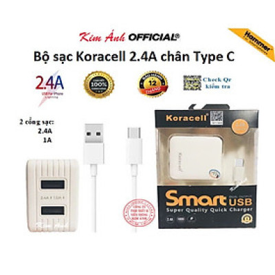 Bộ sạc nhanh Koracell 2.4A cổng Type C, có 2 cổng USB, Hàng chính hãng