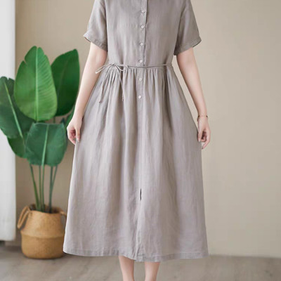 Đầm linen dáng dài, suông công sở cổ tròn linen tay cộc kèm dây eo, đầm đũi form rộng Haint Boutique Da169