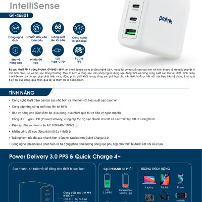 Củ sạc nhanh Prolink GT46801 4 cổng 68W (PD 3.0 & QC4+) công nghệ GAN dành cho Laptop, Tablet, Macbook, iPad, iPhone - Hàng chính hãng