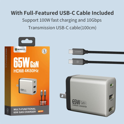 Củ sạc MicroPack 65W tích hợp 3 cổng USB-C, USB_A, và cổng truyền dữ liệu HDMI 4k60Hz MWC-265H - Hàng chính hãng