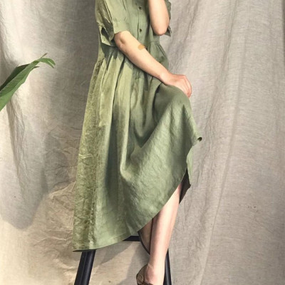 Đầm đũi sơ mi nữ form rộng suông, ngắn tay chất liệu đũi mềm mát thời trang hè nữ Haint Boutique