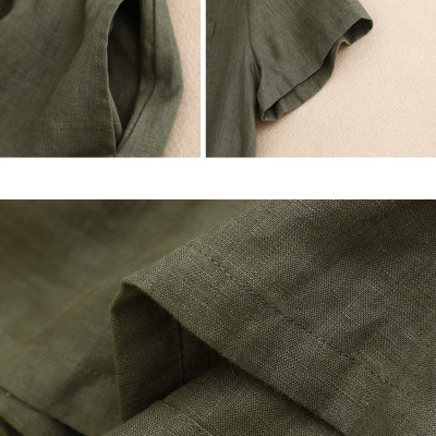 Đầm linen dáng suông cổ V cách điệu, có dây rút bo eo thời trang trẻ trung màu Xanh Rêu D218