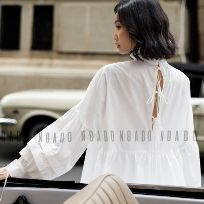 Áo babydoll trắng NGADO , Áo kiểu nữ , Áo tay phồng cột nơ