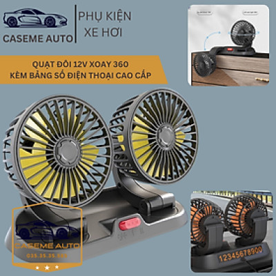 Quạt Đôi Ô Tô Xoay 360 Độ Gió Mạnh Kèm Bảng Số Điện Thoại Ô Tô, Quạt 12V - Hàng Nhập Khẩu