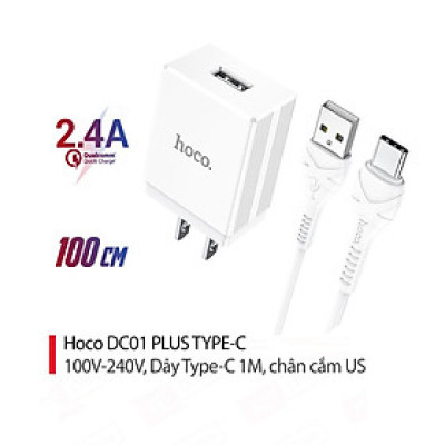 Bộ sạc 2.4A Hoco DC01 Plus chân cắm dẹt kèm dây sạc Type-C dài 1M cho Android - Hàng chính hãng