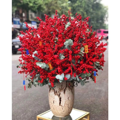 Cành Hoa Đào Đông Đỏ 12 Nhánh Dài 100cm - Đào Đồng Quả To Sáng Bóng, Trang Trí Dịp Lễ Tết Đón Tài Lộc  - Hoa Trang TRí Tết - HÀNG CHÍNH HÃNG MINIIN