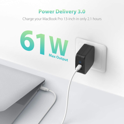 Combo RAVPower Củ Sạc Điện Thoại USB Type-C 61W RP-PC105 + Dây Cáp Sạc Type C to Type C RP-CB047 - Hàng Chính Hãng