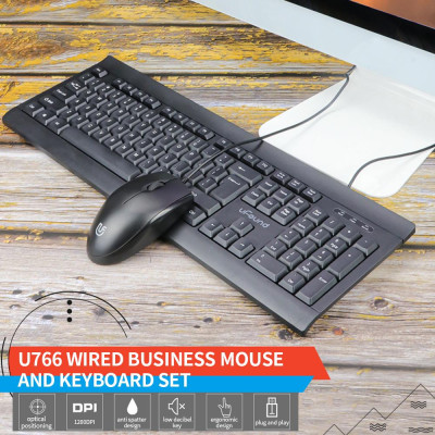 Chuột và Bàn phím U-766 Combo 106 Phím Decibel  chống bắn tung tóe + Chuột có dây USB 1200DPI 