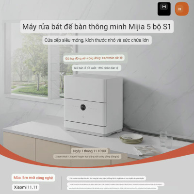 Máy Rửa Bát Xiaomi Mijia S2 5 Bộ – Khử Trùng 99,9%, Tiêu Thụ Nước Ít Hơn 85% Rửa Tay Kết Nối App Xiaomi - Hàng Nhập Khẩu