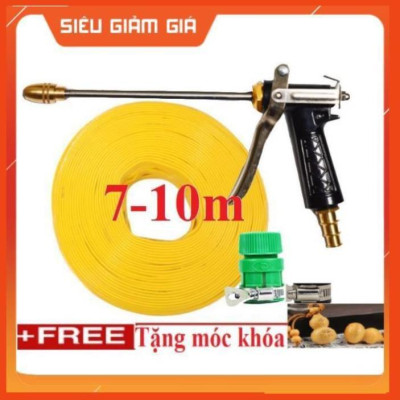 Bộ dây vòi xịt nước rửa xe, tưới cây . tăng áp 3 lần, loại 7m, 10m 206318 đầu đồng,đai,nối vàng+tặng móc khoá