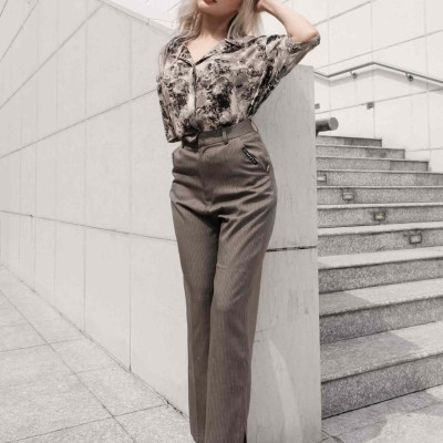 LAAS Quần ống đứng tag túi sọc xám trẻ trung phù hợp đi làm