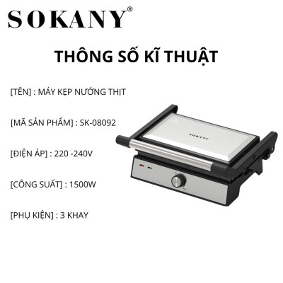 Máy kẹp nướng đa năng 3IN1 SOKANY SK-08092 công suất cao 1500W, bộ 3 khay nướng đa năng, tháo lắp dễ dàng vệ sinh - HÀNG CHÍNH HÃNG - DELIYA