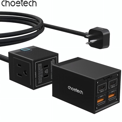Bộ sạc nhanh GaN Pro 65W (2 Type C+ 2 USB-A) Choetech PD8054 kèm dây AC nối dài 1.5m - Hàng chính hãng