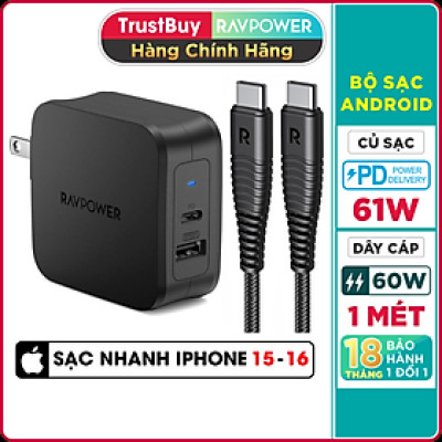 Combo RAVPower Củ Sạc Điện Thoại USB Type-C 61W RP-PC105 + Dây Cáp Sạc Type C to Type C RP-CB047 - Hàng Chính Hãng