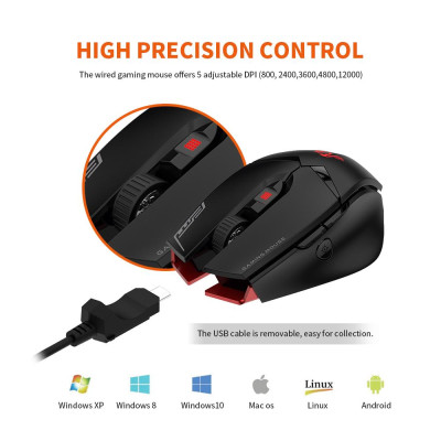 Chuột chơi game có dây Rii 12000DPI 7 đèn breathing có thể điều chỉnh DPI 7 nút có thể lập trình được