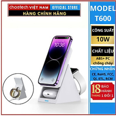 Giá đỡ Choetech T600 điện thoại mag-safe tích hợp sạc không dây 3in 1 (Hàng chính hãng)