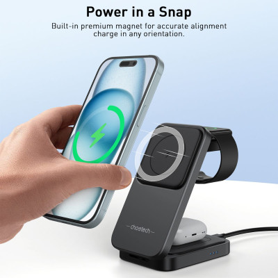 Đế sạc Choetech T611 Mag-safe 3 in 1 xếp gọn 15W dùng sạc cho điện thoại, tai nghe và Ap-ple watch (hàng chính hãng)