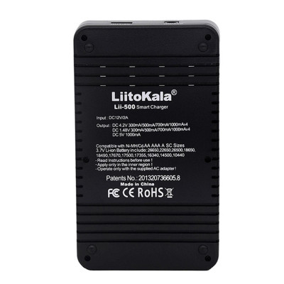 Bộ sạc pin thông minh LiitoKala Lii-500 có 4 khe cắm pin Màn hình LCD cho Ni-MH Ni-Cd Li-ion - Đen - Phích cắm của Vương quốc Anh