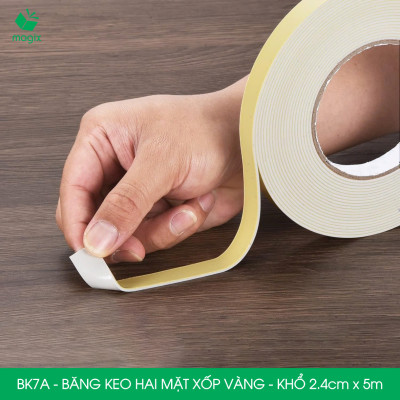 BK7A - 5 cuộn băng keo xốp 2 mặt siêu dính - Khổ 2.4cm x 5m - Băng dính xốp vàng, băng keo hai mặt