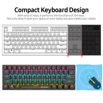 Bàn phím cơ học có dây nhỏ gọn BAJEAL với 61 phím Double Shot Keycaps 6 / N-key Rollover LED Hiệu ứng đèn nền màu xanh lam 