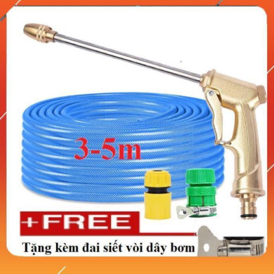 Bộ dây vòi xịt nước rửa xe, tưới cây , tăng áp 3 lần, loại 3m, 5m 206701-3 đầu đồng,cút nối nhựa vàng+  đai