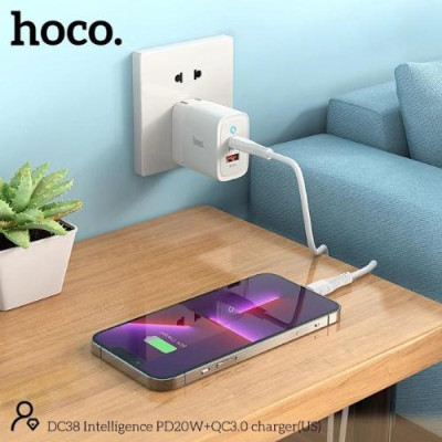 Củ sạc nhanh hoco. DC38 – Hàng Chính Hãng 2 cổng ( USB + Type- C ) 3.1A, PD 20W, Q.C 3.0  hỗ trợ sạc nhanh cho điện thoại