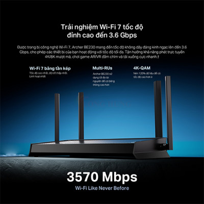 Thiết bị định tuyến mạng không dây TP-Link Router Wifi 7 Dual-Band BE3600 Archer BE230 - Hàng chính hãng