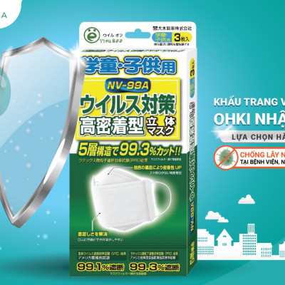 (Mua 3 tặng 1) Combo 3 hộp Khẩu trang trẻ em Virus Off - Ohki Nhật Bản thiết kế 3D ôm sát mặt NV-99A 3 miếng
