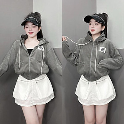 Áo khoát của nữ Thun Gân Thêu Mặt Cười 4 Túi thời trang ngộ nghĩnh-A2075