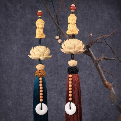 (KÈM HỘP ĐỰNG CAO CẤP) Khánh Liên Hoa Trang Trí Xe Hơi, Dây Treo Sen Gỗ Hoàng Dương Trang Trí Ô Tô, Khánh Treo Xe Ô Tô