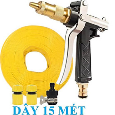 Bộ dây vòi xịt nước rửa xe, tưới cây . tăng áp 3 lần, loại 15m 206236 đầu đồng, cút,nối đen