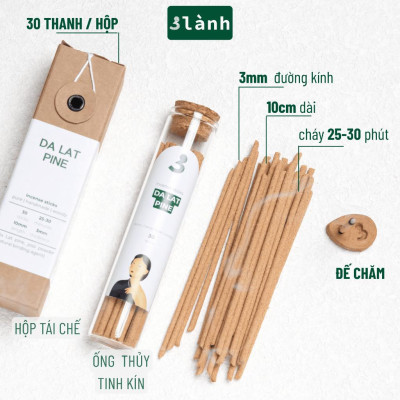 Nhang Thủ Công Thông Đà Lạt 3 Lành Hộp 30 Que 100 % Tự Nhiên Tặng Kèm Đế Chăm Không Hóa Chất Xông Thơm