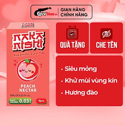 [Hộp 4 cái] Bao cao su Nakanishi - Siêu mỏng 0.03mm - Hương đào