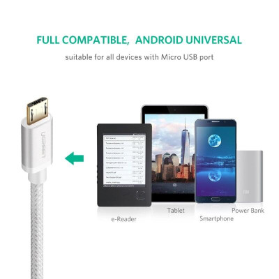 Ugreen UG30656US134TK 1.5M màu Trắng Cáp sạc truyền dữ liệu USB 2.0 sang MICRO USB đầu mạ vàng - HÀNG CHÍNH HÃNG