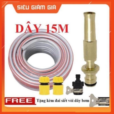 Bộ dây vòi xịt nước rửa xe, tưới cây . tăng áp 3 lần, loại 15m 206587 cút sập,nối đen+ tặng đai