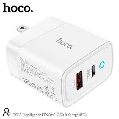 Củ sạc nhanh hoco. DC38 – Hàng Chính Hãng 2 cổng ( USB + Type- C ) 3.1A, PD 20W, Q.C 3.0  hỗ trợ sạc nhanh cho điện thoại