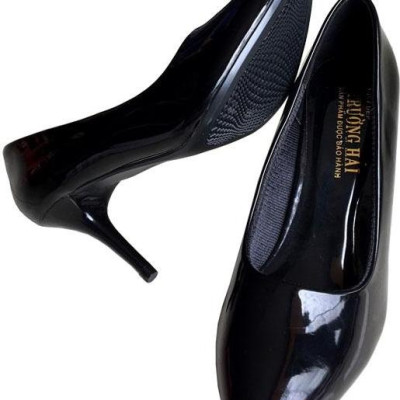 Giày cao gót 7cm Trường Hải gót nhọn da bóng đen thời trang nữ cao cấp êm ái CG088