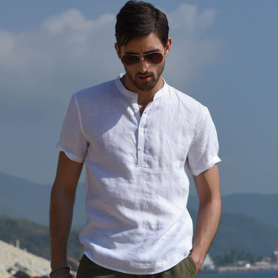 Áo sơ mi linen dành cho  nam, trơn cổ trụ, sơ mi hàn quốc Haint Boutique, form vừa