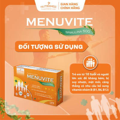 Viên uống Menuvite Spirulina 500 hỗ trợ bổ sung đạm thực vật, vitamin, khoáng chất giúp bồi bổ sức khoẻ, tăng đề kháng
