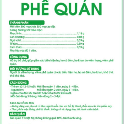 PQA Viên nén Phế Quản là dược phẩm thảo dược hỗ trợ bổ phế giúp ngăn ngừa các biểu hiện ho, ho có đờm, ho khan do viêm họng, viêm phế quản.