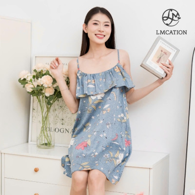 Đầm 2 dây tencel phối bèo LMcation Autumn - hoa lá xanh