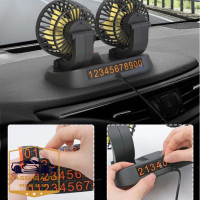 Quạt Đôi Ô Tô Xoay 360 Độ Gió Mạnh Kèm Bảng Số Điện Thoại Ô Tô, Quạt 12V - Hàng Nhập Khẩu
