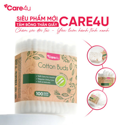 Combo 3 hộp Tăm bông thân giấy Care4u Pierrot 100 que/ hộp