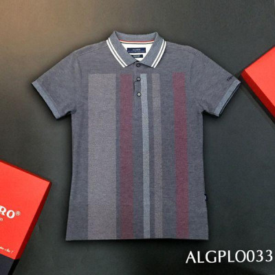 Áo polo cộc tay cổ bẻ ghi sáng họa tiết kẻ sọc ALGPLO33