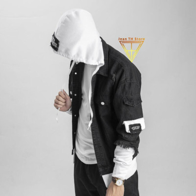 Áo khoác jean nam đen phối nón nỉ trắng cao cấp phong cách trẻ trung