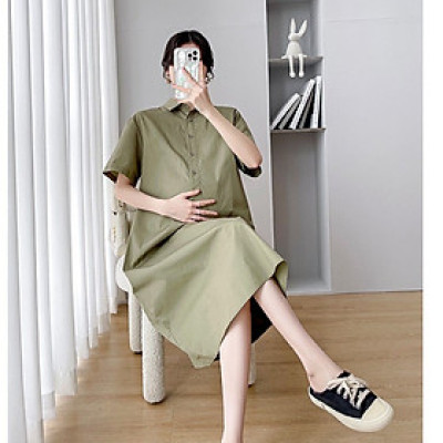 Đầm sơ mi bà bầu dáng suông, rộng rãi, thoáng mát tạo cảm giác thoải mái, chất Linen mềm mịn cao cấp Đũi Việt Da61 XANH RẺU