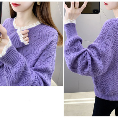 Áo len nữ dệt kim cổ tròn pha ren, Áo len nữ dài tay mặc mùa thu đông Haint Boutique 